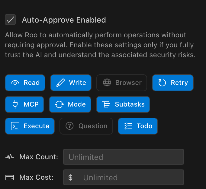 Auto-approve settings showing the new Max Cost field